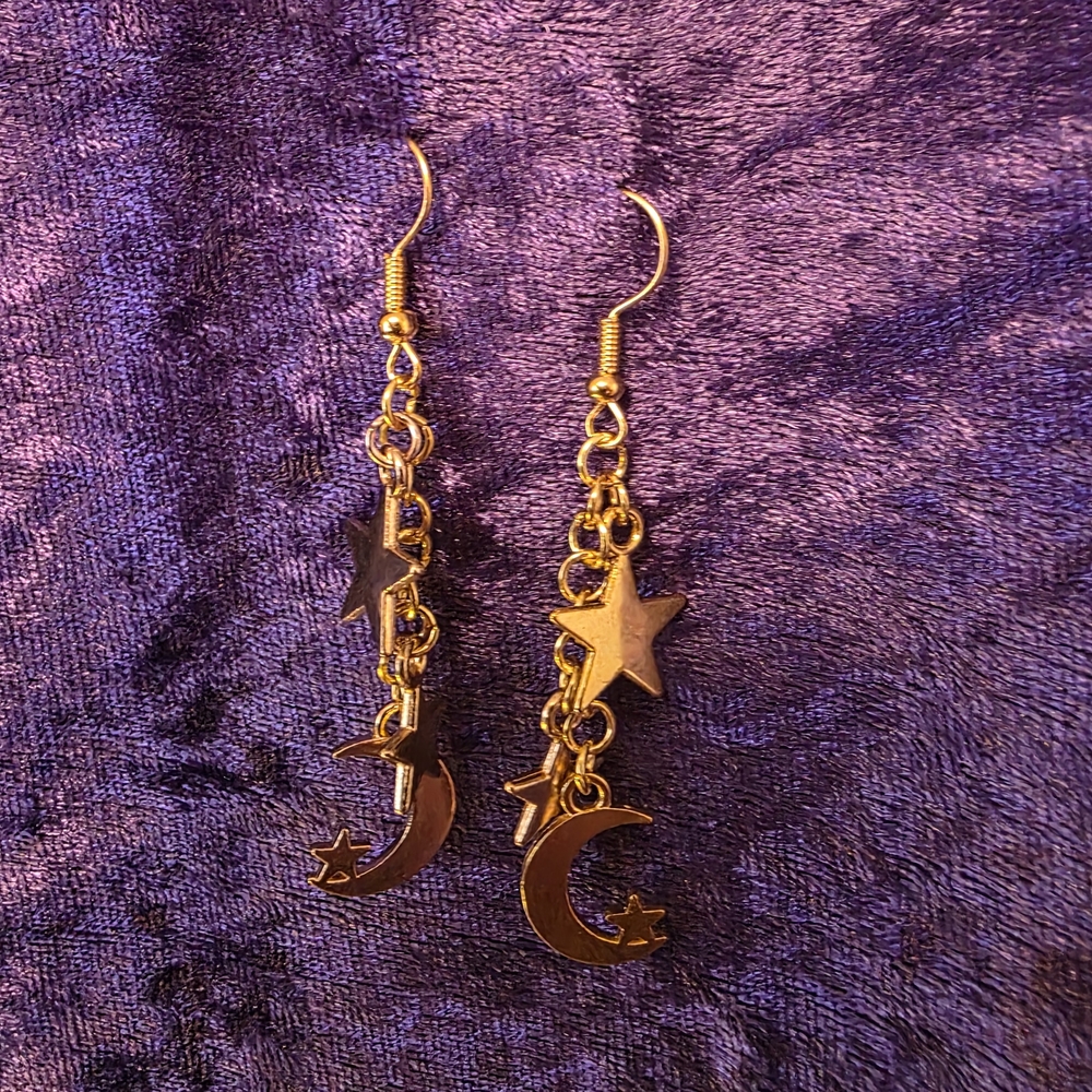 Gold Star and Moon Dangle Earrings